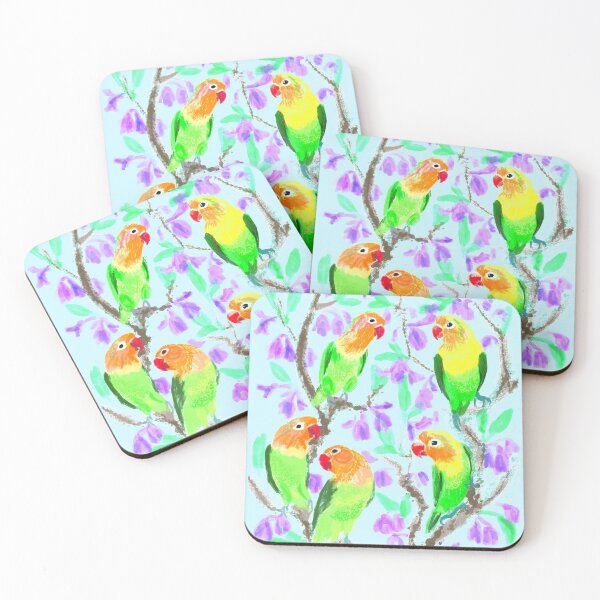 Item preview, Lovebirds in jacaranda tree on blue designed and sold by orangerinka.