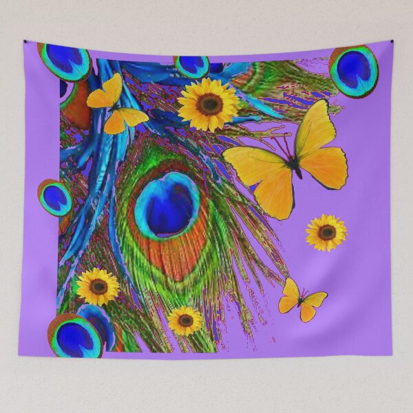 Item preview, PEACOCK FEATHER YELLOW BUTTERFLIES LILAC PATTERNS designed and sold by sharlesart.