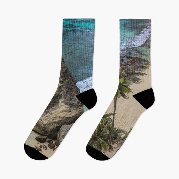 Item preview, turquoise ocean waves with rocky mountains and palm trees designed and sold by ExploreYK.