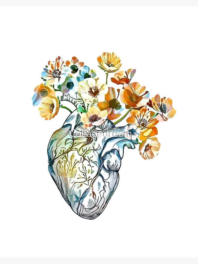 Human heart, watercolor wild flowers, floral, plant lovers, Heart,  anatomical heart Art Board Print