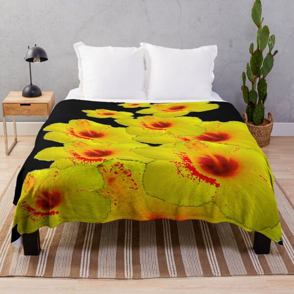 Item preview, EXOTIC RED-YELLOW HIBISCUS FLOWERS BLACK ART designed and sold by sharlesart.