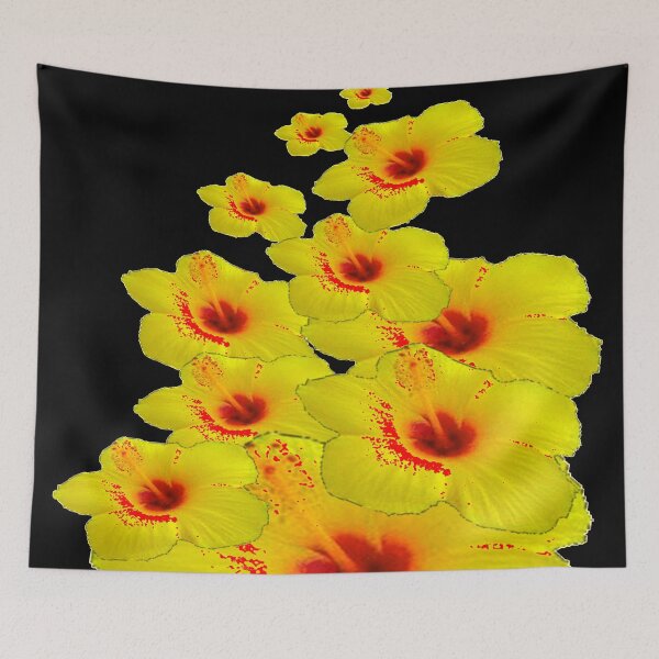 Item preview, EXOTIC RED-YELLOW HIBISCUS FLOWERS BLACK ART designed and sold by sharlesart.
