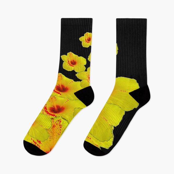 Item preview, EXOTIC RED-YELLOW HIBISCUS FLOWERS BLACK ART designed and sold by sharlesart.