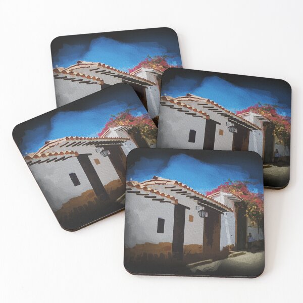 Item preview, Watercolor colonial street of old houses in Colombia black background designed and sold by FDbubble1986.