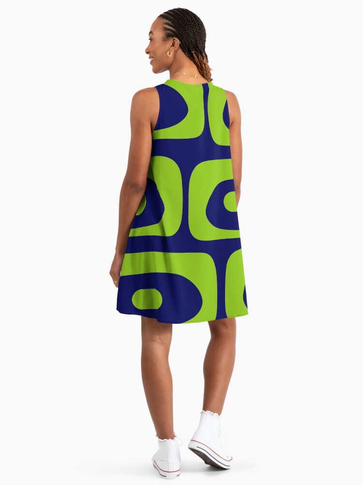 Mid Century Modern Piquet Abstract Pattern In Bright Navy Blue And Lime Green Lime A-Line Dress Mid Century Modern Piquet Abstract Pattern In Bright Navy Blue And Lime Green Lime A-Line Dress