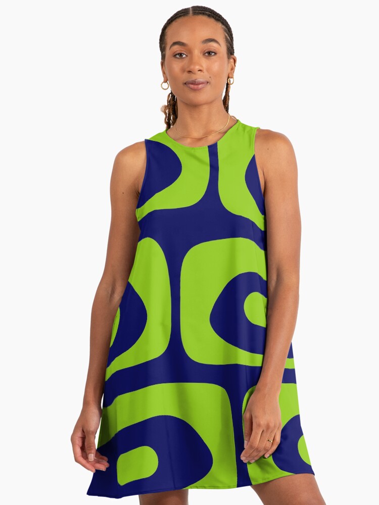 Mid Century Modern Piquet Abstract Pattern In Bright Navy Blue And Lime Green Lime A-Line Dress