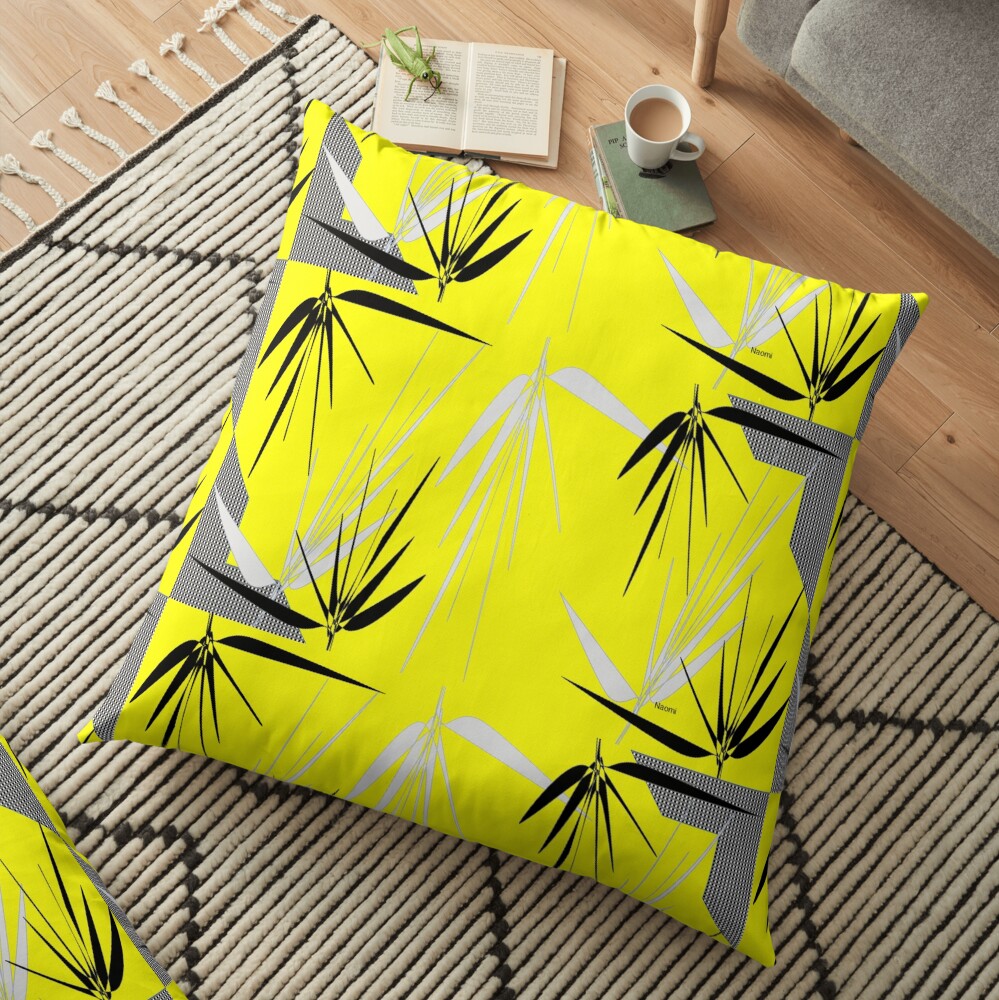 Yellow Gray Black I with Leaves Floor Pillow