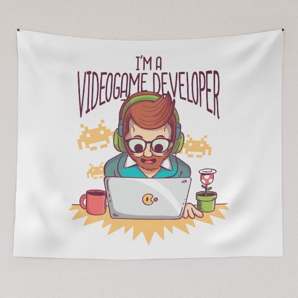 Item preview, Man working with phrase "I AM A DEVELOPER OF VIDEO GAMES" designed and sold by MySecretMerch.