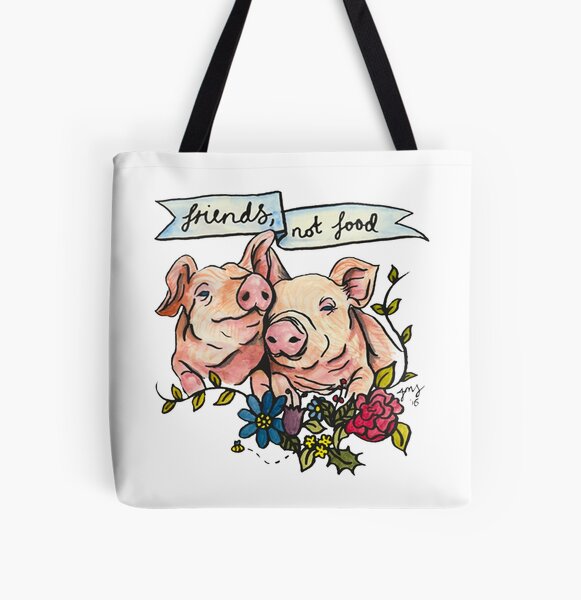 'Friends, not Food' Pig Veggie Vegan Illustration All Over Print Tote Bag