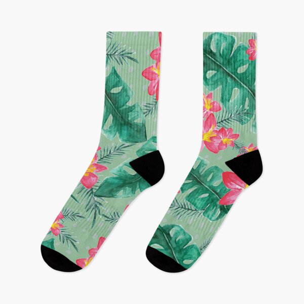 Item preview, Pretty pink hibiscus flower and Leaf Pattern on pastel green background. designed and sold by LaBellCreative.