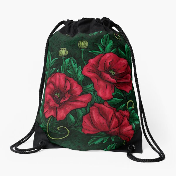 Poppies on green background Drawstring Bag