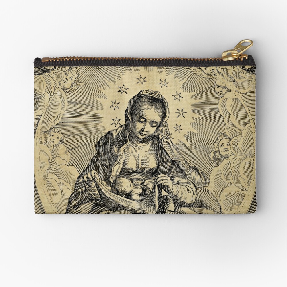 Vintage etching of the Virgin Mary and Jesus Zipper Pouch