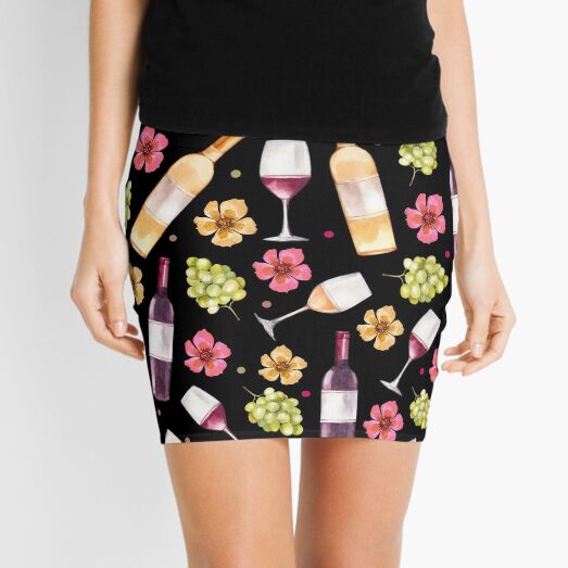 Red and White Wine Bottles Grapes and Watercolor Flowers on Black Mini Skirt