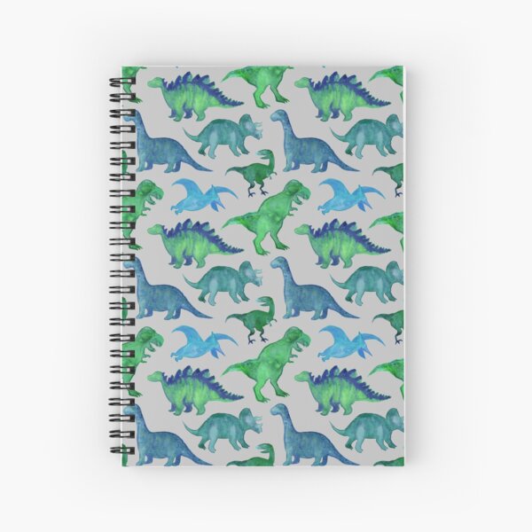 Blue Green Watercolor Dinosaurs on Grey Spiral Notebook