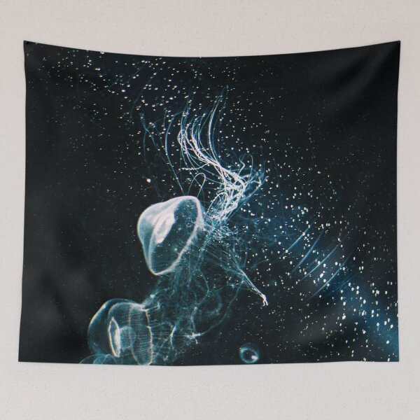 Item preview, A Neon Blue Jellyfish Unfolding in Deep Dark Water - Dreamy Bubble Chains In An Aquarium in Japan designed and sold by sthNnth.