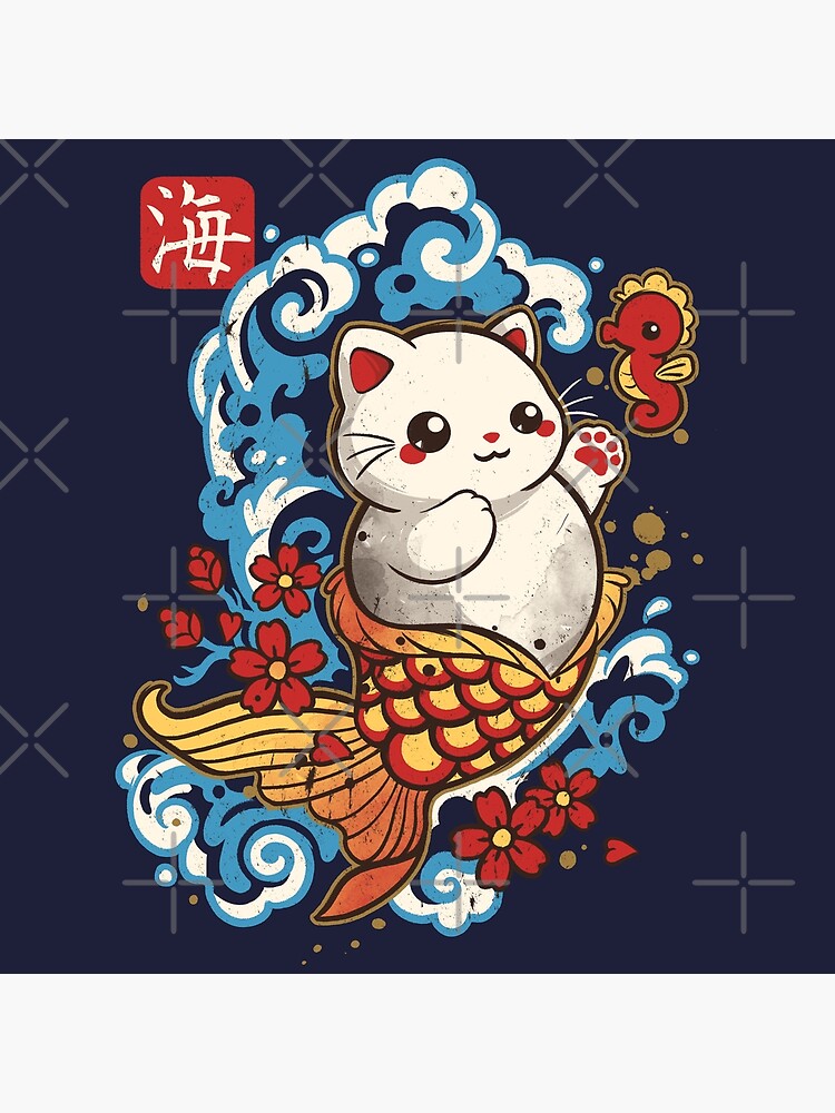 Maneki Neko Art Print, Japan Inspired Art, Fortune Cat Holding a Koi Carp,  Traditional Japanese Tattoo Design Art 