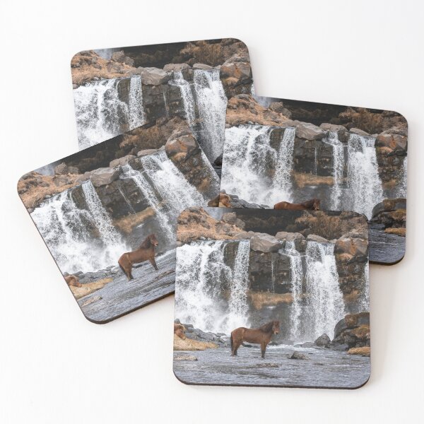 Item preview, Icelandic horses crossing a river in front of a stunning waterfall designed and sold by Iceland-Effect.