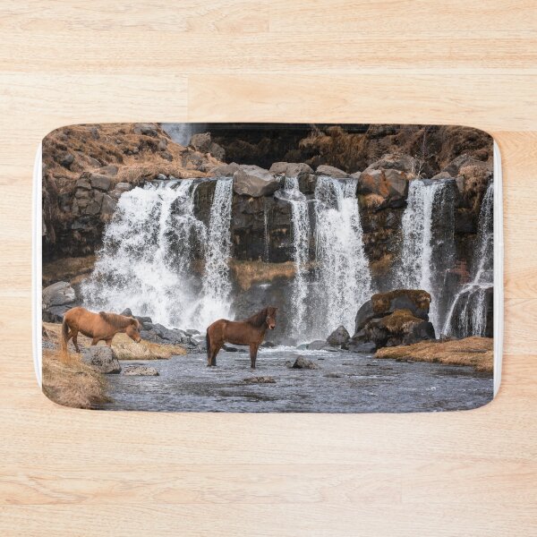 Item preview, Icelandic horses crossing a river in front of a stunning waterfall designed and sold by Iceland-Effect.
