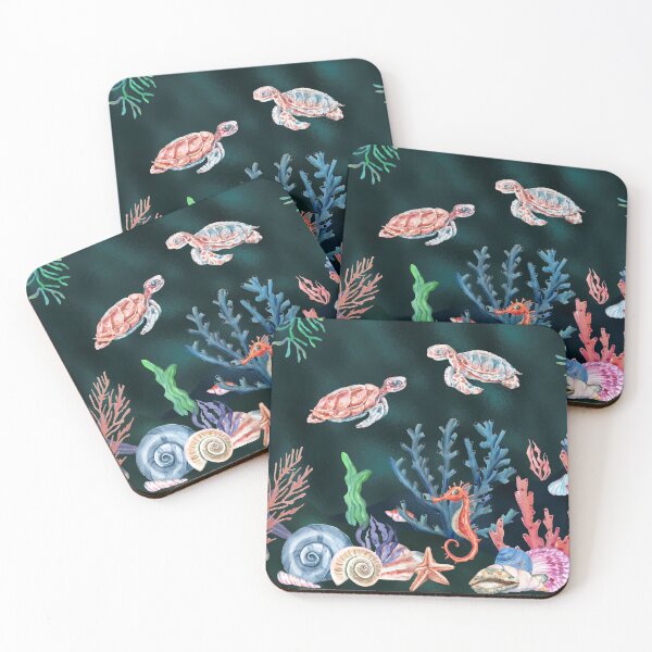 Item preview, Underwater Paradise, deep and dark ocean floor, with shell treasures and cute turtles and seahorse, watercolor digitally enhanced smoothed effect designed and sold by Orianah.