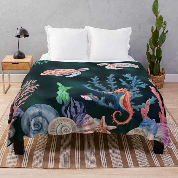 Item preview, Underwater Paradise, deep and dark ocean floor, with shell treasures and cute turtles and seahorse, watercolor digitally enhanced smoothed effect designed and sold by Orianah.