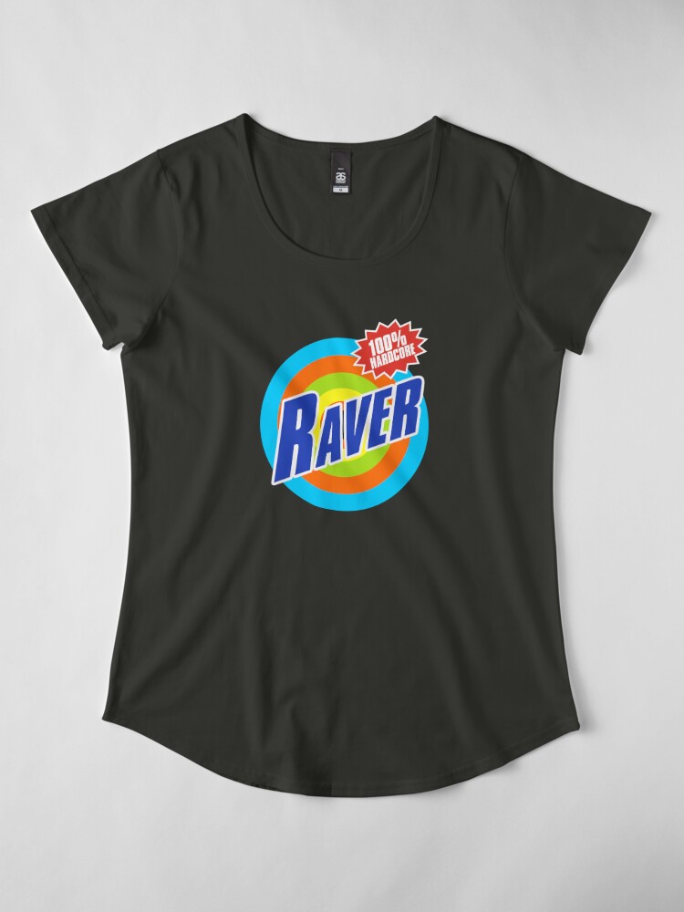 Alternate view of 100% Hardcore Raver - Blue Raver on multicolour bullseye. Premium Scoop T-Shirt