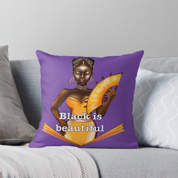 Item preview, Queen Black is beautiful text - black girl with Gold earrings, necklace,  tiara, dress and fan with dark brown skin ! designed and sold by Artonmytee.