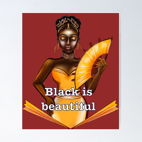 Item preview, Queen Black is beautiful text - black girl with Gold earrings, necklace,  tiara, dress and fan with dark brown skin ! designed and sold by Artonmytee.