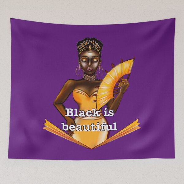 Item preview, Queen Black is beautiful text - black girl with Gold earrings, necklace,  tiara, dress and fan with dark brown skin ! designed and sold by Artonmytee.