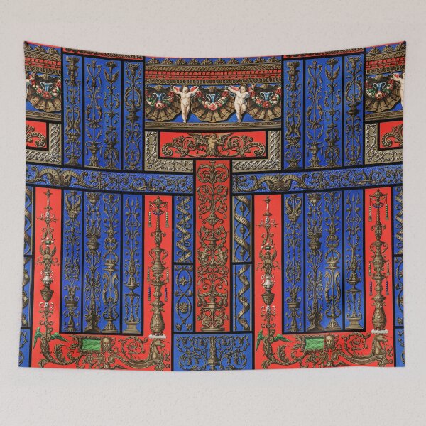 Item preview, RENAISSANCE DECOR WITH FLORAL SWIRLS,CUPIDS ANS SEA SHELLS IN RED BLUE BLACK designed and sold by BulganLumini.