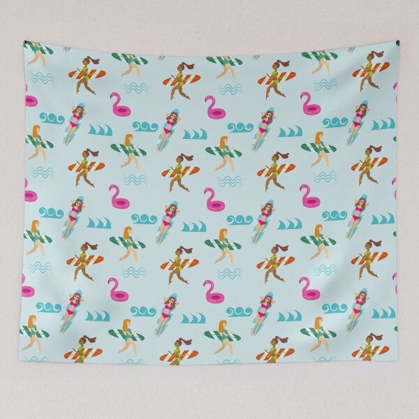 Item preview, Surfing girls and flamingo pattern designed and sold by CutieBlue.