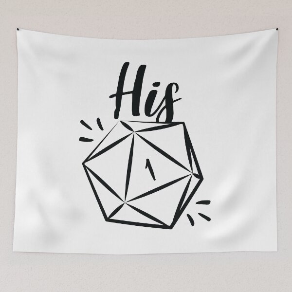 Item preview, "His" D20 rolling a natural 1 critical fail - mix and match couples RPG role playing game dice meme - Dark Print designed and sold by GeekyMumDesigns.