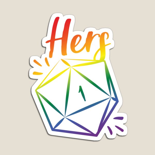 Item preview, "Hers" D20 rolling a natural 1 critical fail - mix and match couples RPG role playing game dice meme - LGBT Pride Rainbow designed and sold by GeekyMumDesigns.