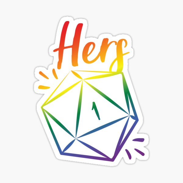Item preview, "Hers" D20 rolling a natural 1 critical fail - mix and match couples RPG role playing game dice meme - LGBT Pride Rainbow designed and sold by GeekyMumDesigns.