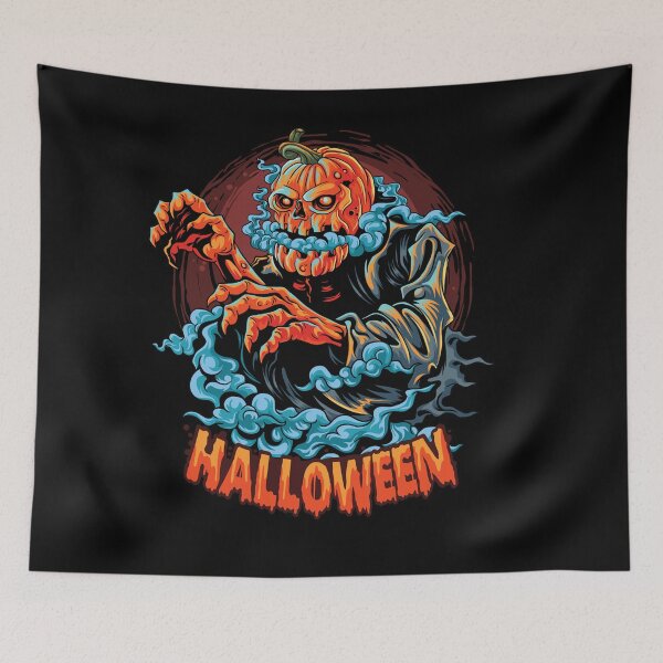 Item preview, a halloween zombie with a pumpkin head filled with smoke coming out of its mouth. editable layers vector artwork designed and sold by teemix.