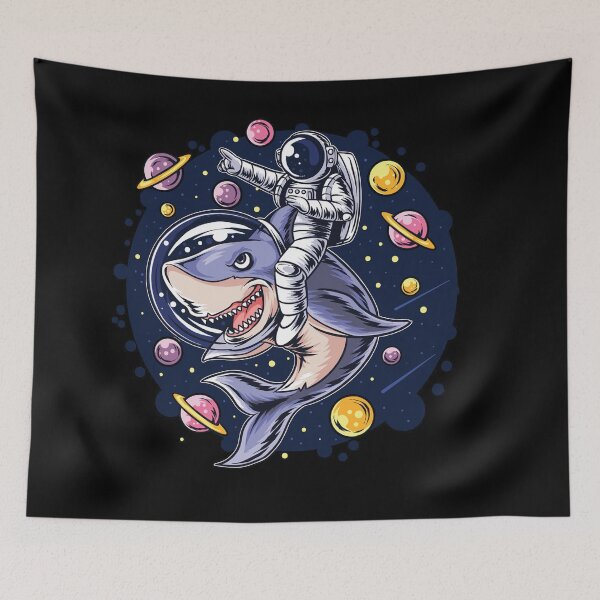 Item preview, astronauts ride a shark in space with the planets planets. artwork vector designed and sold by teemix.
