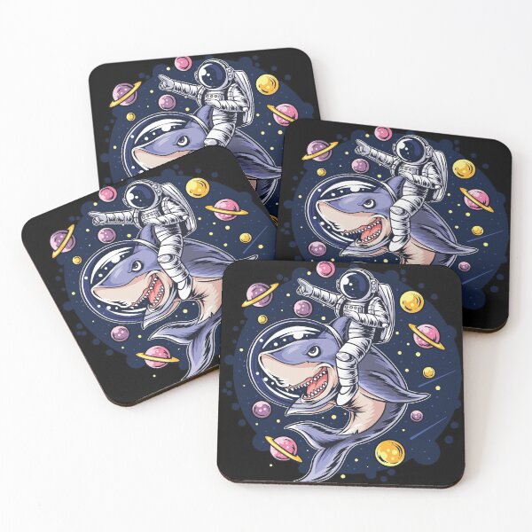 Item preview, astronauts ride a shark in space with the planets planets. artwork vector designed and sold by teemix.