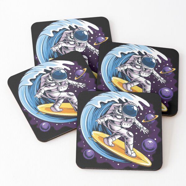 Item preview, astronauts surf on a surfboard in space with stars, planets and ocean waves artwork vector designed and sold by teemix.