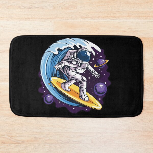 Item preview, astronauts surf on a surfboard in space with stars, planets and ocean waves artwork vector designed and sold by teemix.