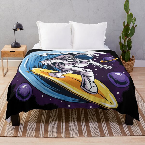 Item preview, astronauts surf on a surfboard in space with stars, planets and ocean waves artwork vector designed and sold by teemix.