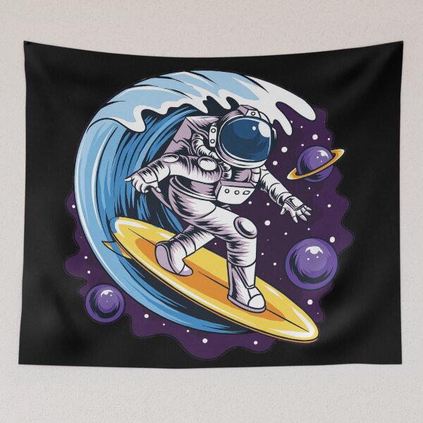 Item preview, astronauts surf on a surfboard in space with stars, planets and ocean waves artwork vector designed and sold by teemix.