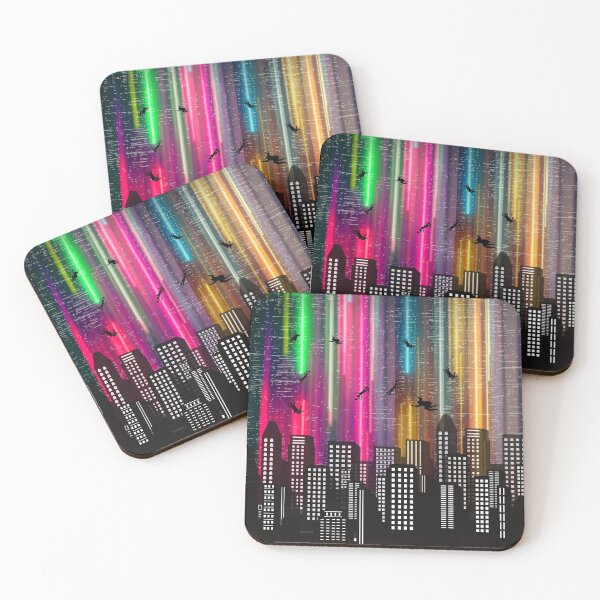 Item preview, Shadow town in the night with colorful lighting sky and people flying designed and sold by Artist1993.