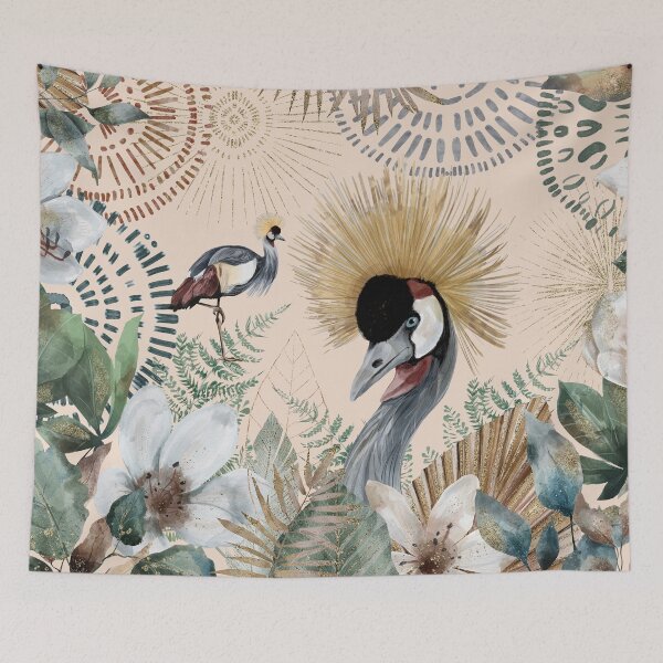 Item preview, African Grey Crowned Crane, Golden Crested Crane, with beautiful watercolor florals and gold accents designed and sold by Orianah.