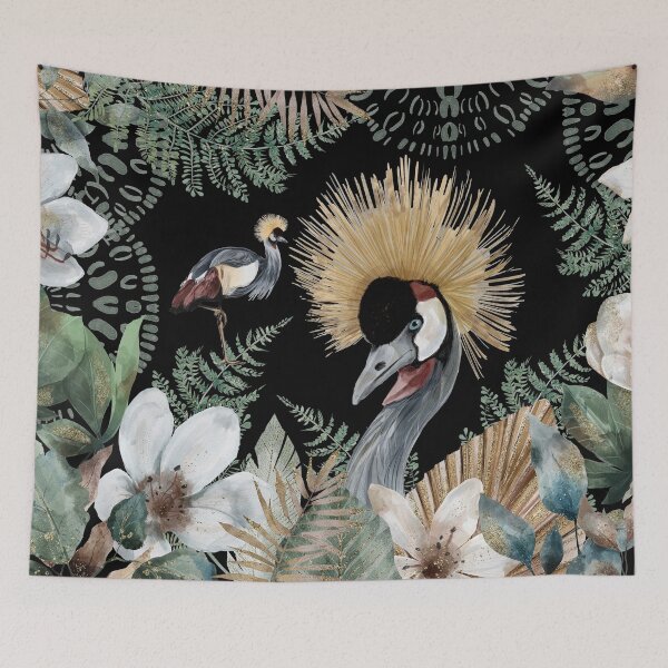 Item preview, African Grey Crowned Crane, bold and bright, Golden Crested Crane, with watercolor florals and gold accents designed and sold by Orianah.
