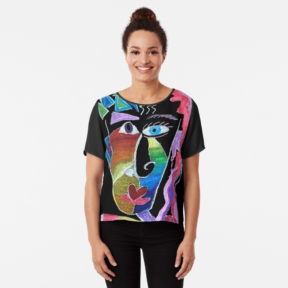Picasso Face Abstract Portrait on Black background Chiffon Top