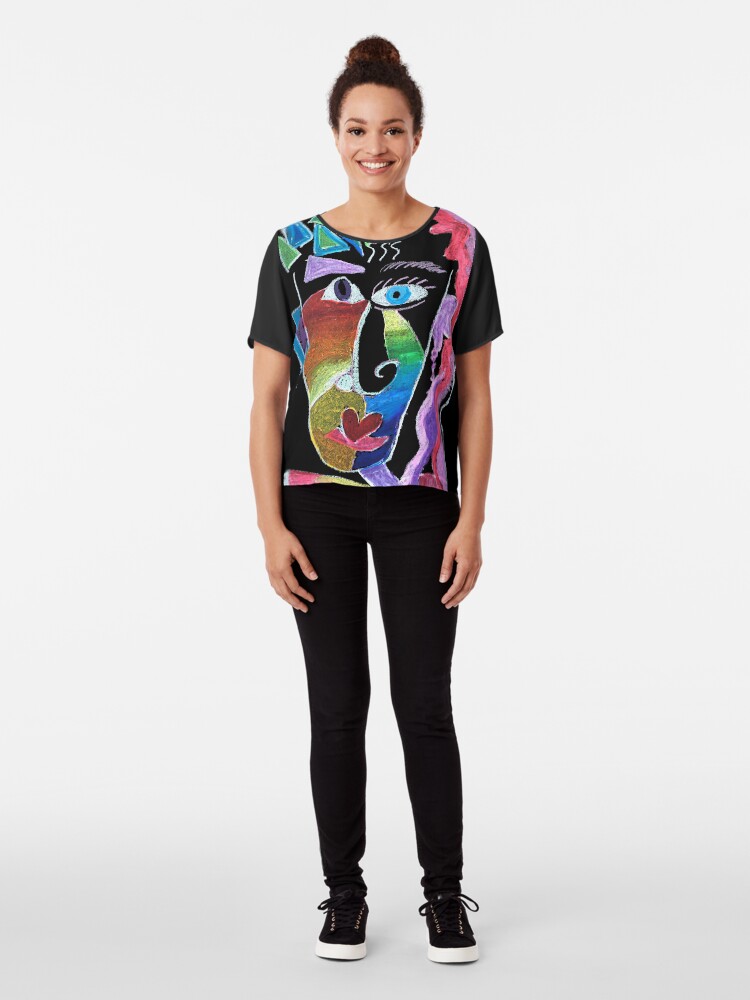 Alternate view of Picasso Face Abstract Portrait on Black background Chiffon Top