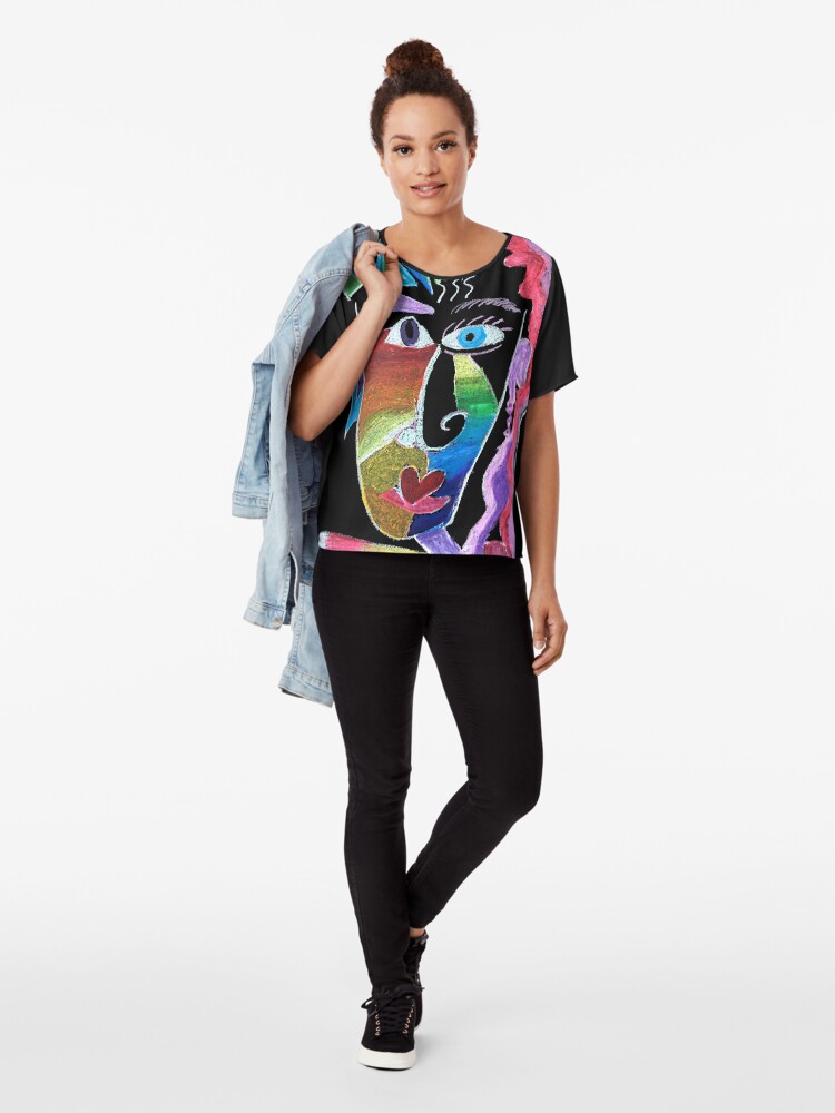 Alternate view of Picasso Face Abstract Portrait on Black background Chiffon Top