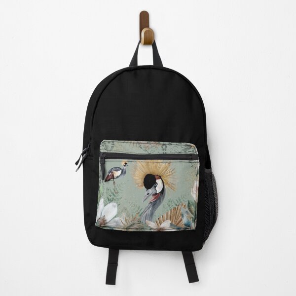 Item preview, African Grey Crowned Crane, Golden Crested Crane, with earthy green tones watercolor florals and gold accents designed and sold by Orianah.