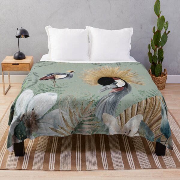 Item preview, African Grey Crowned Crane, Golden Crested Crane, with earthy green tones watercolor florals and gold accents designed and sold by Orianah.