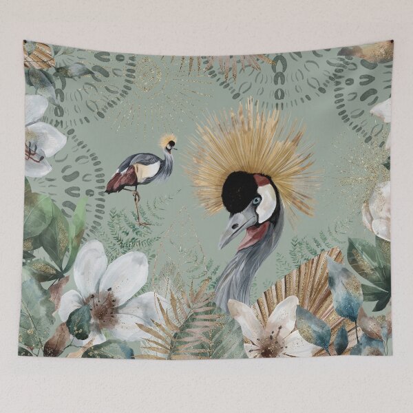 Item preview, African Grey Crowned Crane, Golden Crested Crane, with earthy green tones watercolor florals and gold accents designed and sold by Orianah.
