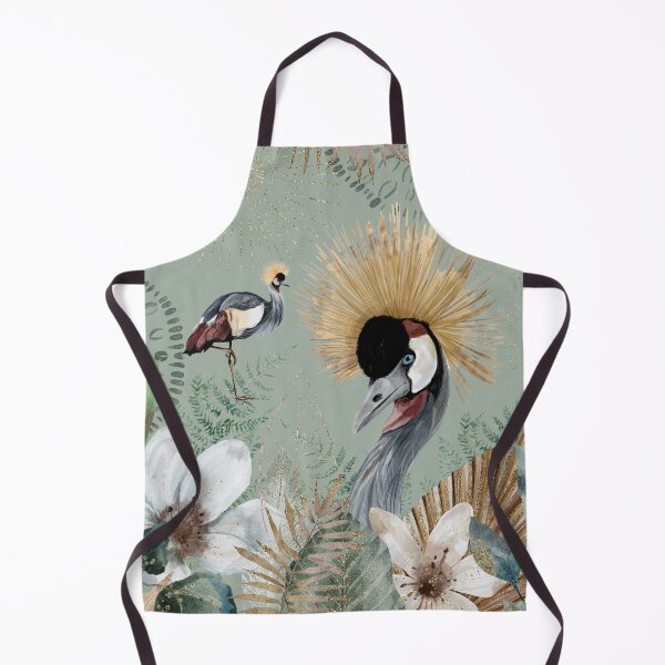 Item preview, African Grey Crowned Crane, Golden Crested Crane, with earthy green tones watercolor florals and gold accents designed and sold by Orianah.